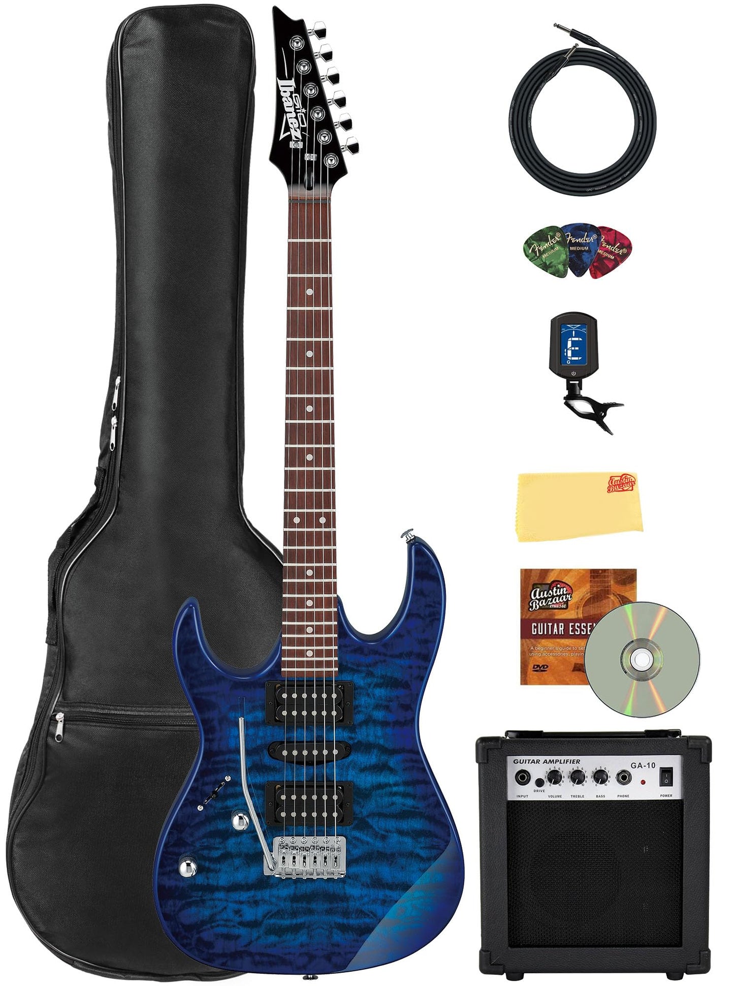 Ibanez GRX70QAL RG Gio Electric Guitar, Left Handed - Transparent Blue Burst Bundle with Amplifier, Gig Bag, Tuner, Cable, Picks, Austin Bazaar Instructional DVD, and Polishing Cloth