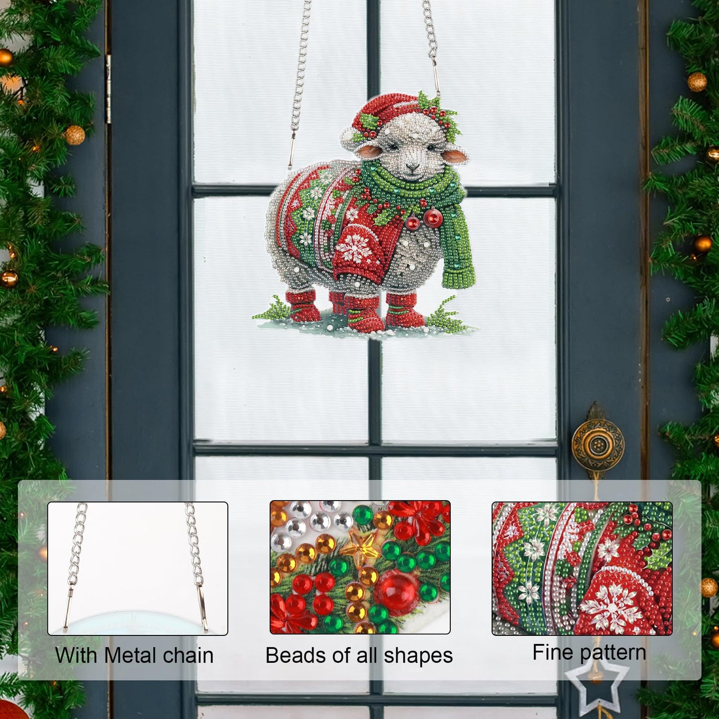 Focart 5D DIY Acrylic Special Shaped Diamonds Painting Hanging Pendant Kits, Christmas Sheep Diamond Art Hanging Window Pendant Ornament for Home Decoration and Gift