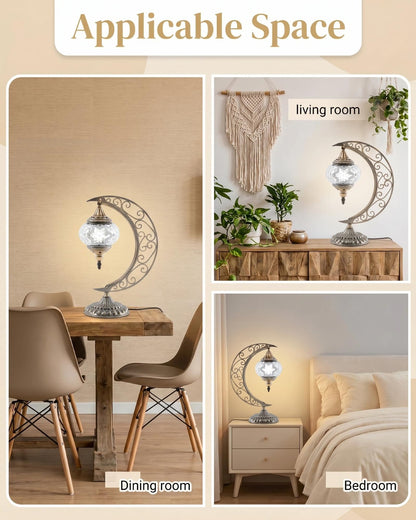 Baquler Turkish Mosaic Moon Lamp - Handmade Stained Glass Table Lamp with Metal Crescent Base, Bohemian Moroccan Bedside Night Light for Bedroom Living Room Decor, Unique Gift(Classic Style)