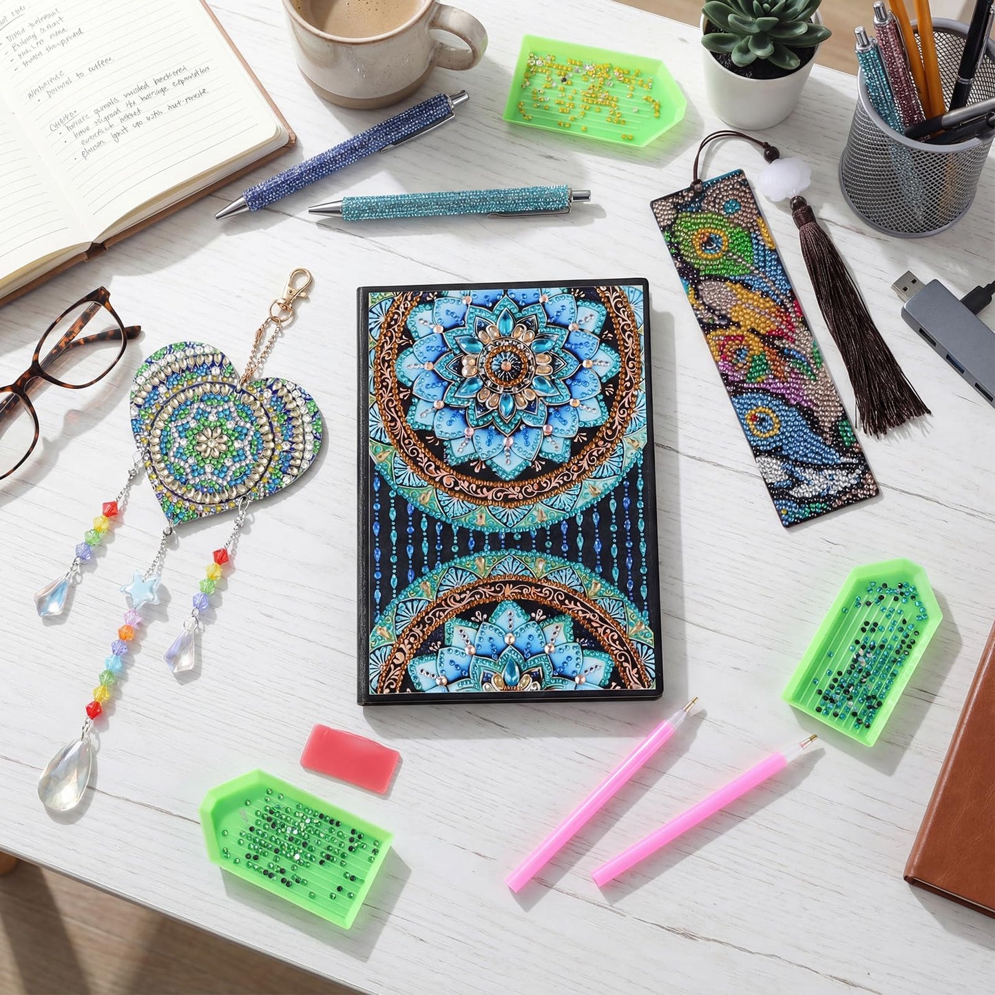 ForraFun Diamond Art Notebook for Adults Diamond Painting Journals Notebooks 5d DIY Diamonds Notebook Painting Kit with Diamonds Ballpoint DIY Bookmark & Wind Chime for Crafts Gift(Mandala)