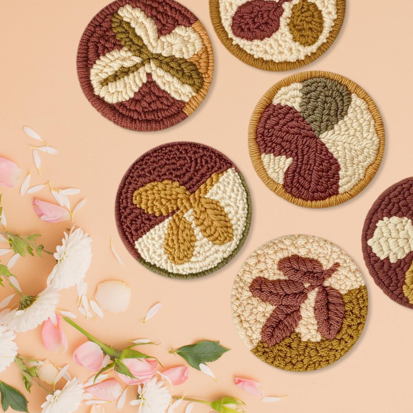 yesJRL Punch Needle Coasters Kit, Set of 6 Starter Needle Embroidery DIY Set for Beginners Adults, Easy Coasters Kit with Adhesive Felt, Yarns, Embroidery Hoop (Red Christmas)