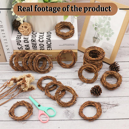 Yiksonyo 70 Pcs 2.4 Inch Natural Grapevine Wreath Set, Natural Rattan Wreath,Hand-Woven 2.4 Inch Vine Branch Wreaths, Perfect for DIY Crafts, Christmas Decorations, and Wedding Supplies