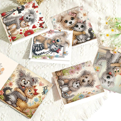 6 Pcs 5D Diamond Painting Greeting Cards Kits, Handmade Festival Greeting Cards with Envelopes DIY Diamond Art Crafts Birthday Cards Laser Effect for Birthdays Holidays Celebrations (Cat Dog Cuddling)
