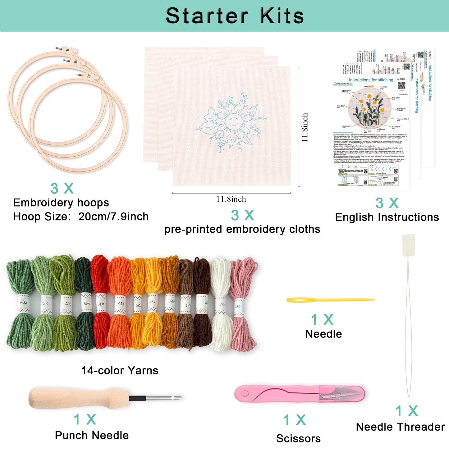 REEWISLY Punch Needle Embroidery Starter Kits for Beginners Flower and Grass Patterns.3Ps Embroidery Hoops,Color Threads,Instructions and Needles,DIY Adults Embroidery, Video Teaching