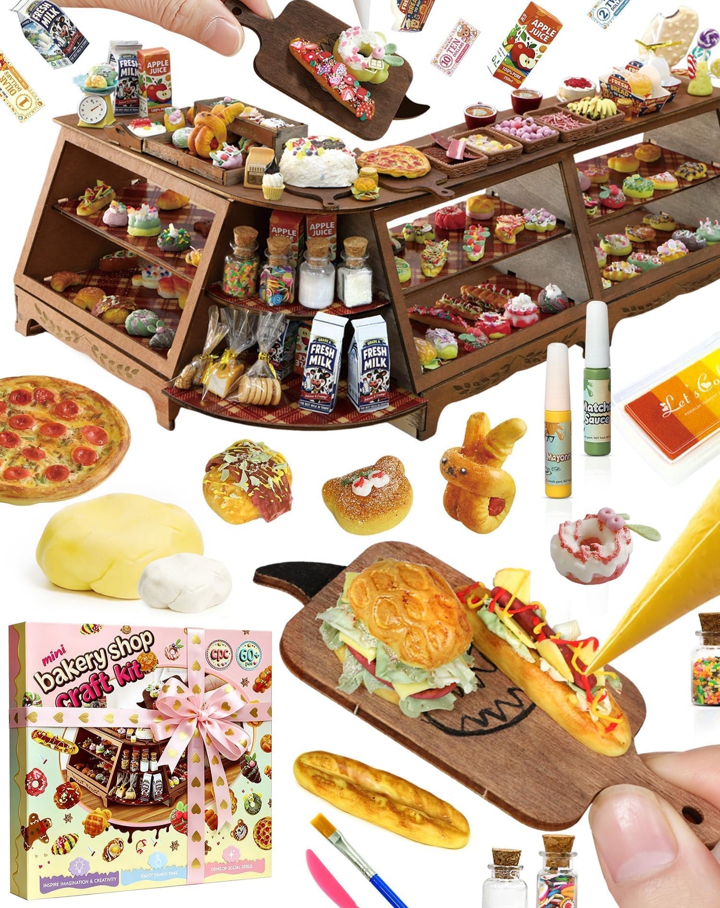 iLAND Fun Craft Kits for Kids Cute Clay Bakery Shop DIY Set, Creative Kids Toys Girls 6-8-10, 1:6 Scale Miniature Food Toys fit Doll Figure 9-12”, New Best Christmas Birthday Gift for Girls Age 7 9 11