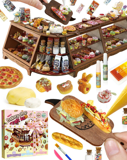 iLAND Fun Craft Kits for Kids Cute Clay Bakery Shop DIY Set, Creative Kids Toys Girls 6-8-10, 1:6 Scale Miniature Food Toys fit Doll Figure 9-12”, New Best Christmas Birthday Gift for Girls Age 7 9 11