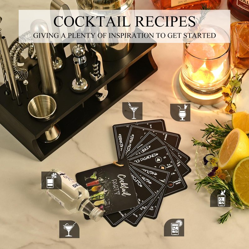 Bartender Kit Cocktail Shaker Set with Stand 17-Piece Bar Tool Bar Set for Drink Mixing Home Bartending Kit Bar Cart Accessories: Martini Shaker, Mixer Spoon, Jigger, Muddler, Strainer & Recipes Gifts