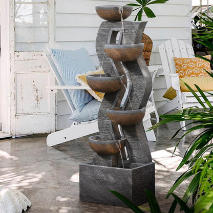 Takamota 52.8" Tall Outdoor Water Fountain with Lights, 6-Tier Cascading Resin Waterfall Feature for Porch, Garden, Yard, Deck, Patio – Large Freestanding Outdoor Fountain and Waterfall Outside Decor
