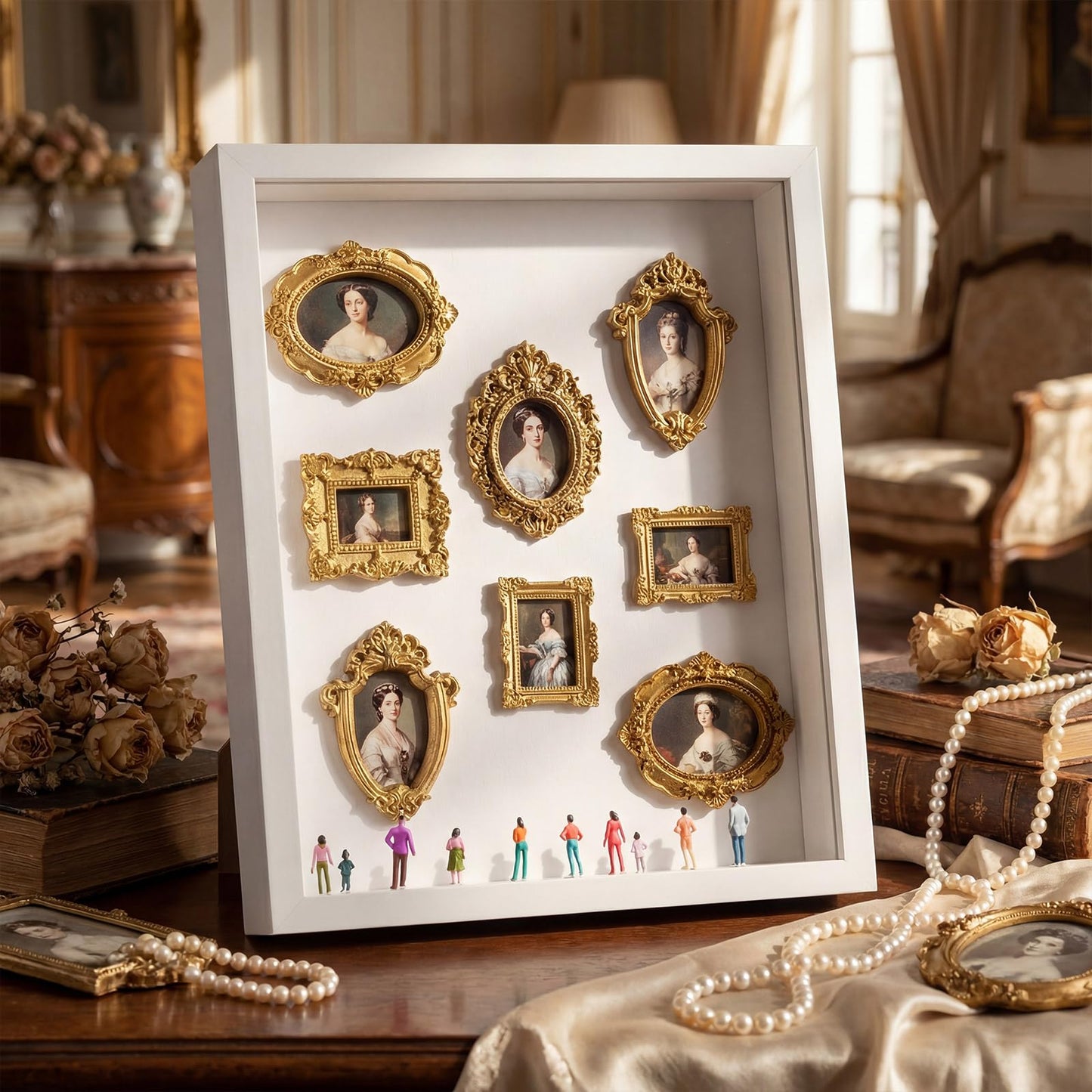 Lineshading 8 x 10 inch DIY Mini Shadow Box Kit Museum Design Silhouette Shadow Box Frame with 10 Mini Gold Frames & 10 Museum Themed Figurines for Pictures, Crafts & Home Decor Gift(White)