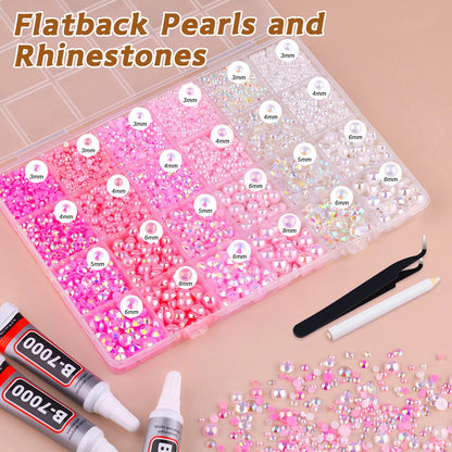 14000PCS Flatback Pearls and Pink Rhinestones for Bedazzling Kit, Pink White 3-10mm Resin Rhinestones Gems and Half Pearls for Crafting, Nail Art and Grad Cap Decor with B7000 Jewelry Glue