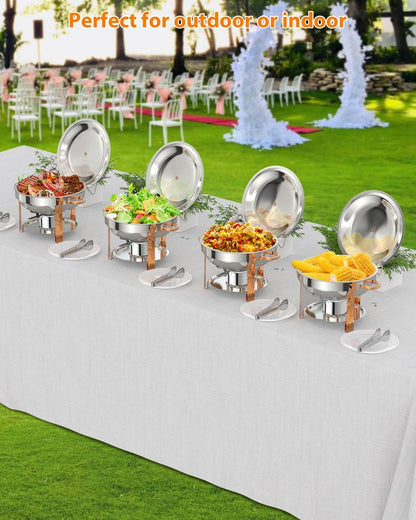 Chafing Dish for Buffet 2 Pack, 5 QT Round Chafing Dishes Buffet Set w/Lid Holder, Stainless Steel Chafers and Food Warmers with Spoon and Tweezers for Parties, Weddings, Events, Banquet, Rose Gold