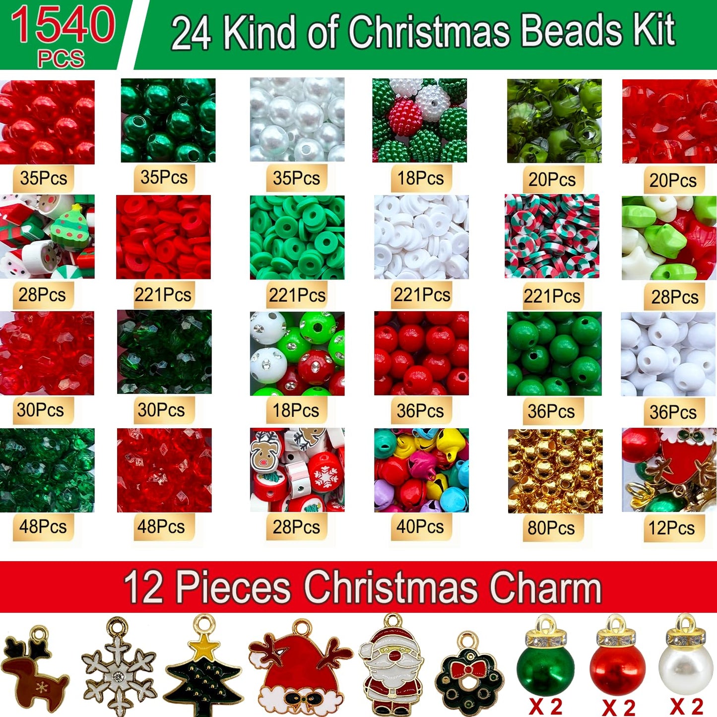 1540PCS Christmas Beads for Bracelets Jewelry Making Kit, Christmas Tree Snowflake Charms, Red Green Xmas Clay Beads Assorted Acrylic Crystal Round Pearl Star Spacer Bead for DIY Crafts Necklace