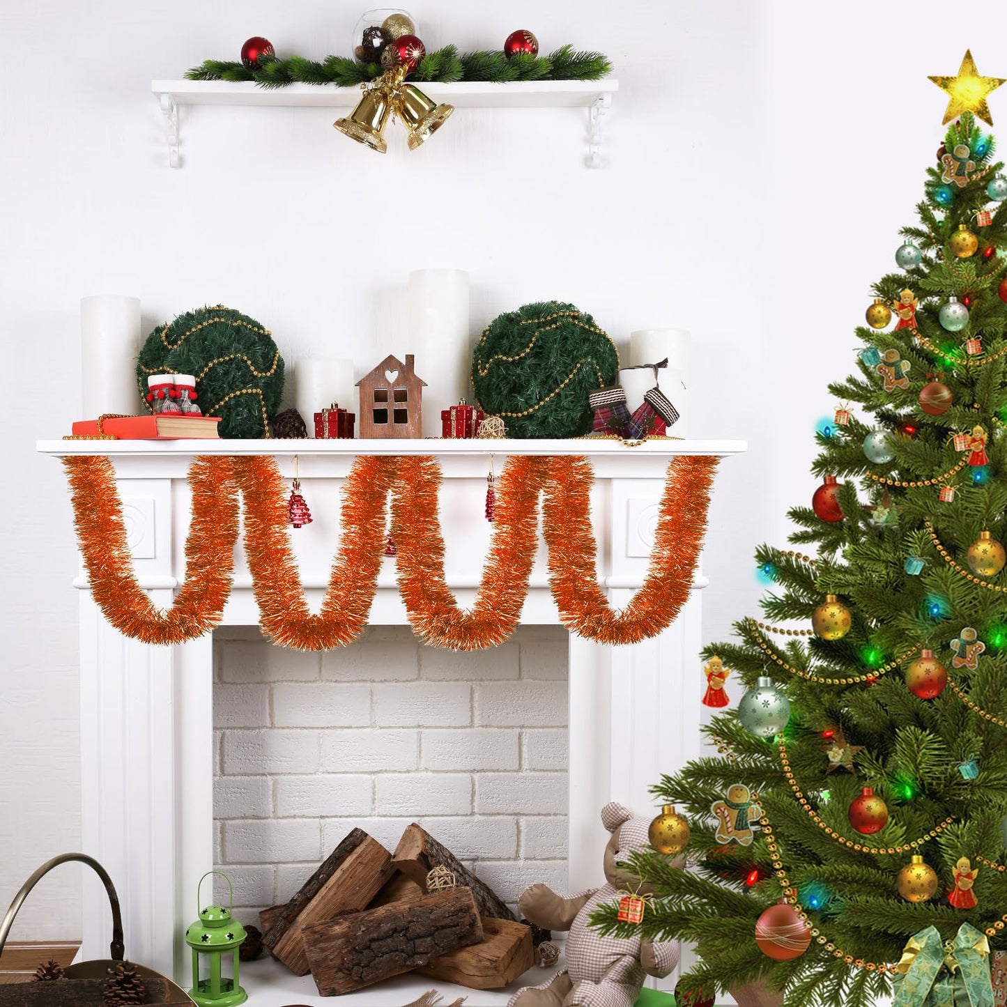 3 Pieces 59 Feet Christmas Foil Tinsel Garland, Metallic Tinsel Twist Garland Shiny Hanging Decorations for Holiday Tree, Party Supplies for Wedding, Birthday, Halloween (Orange)