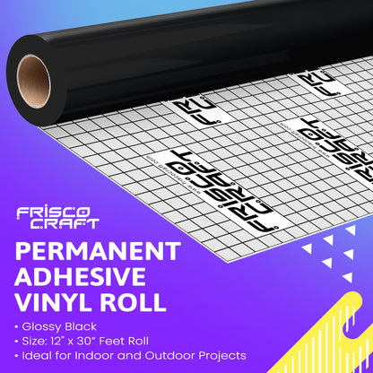 Frisco Craft Glossy Black Permanent Vinyl Sheets – Waterproof Adhesive Vinyl Roll, Home Decor, Silhouette, Decals, Signs, Indoor & Outdoor, Weather-Resistant, DIY Projects 12” x 30 FT