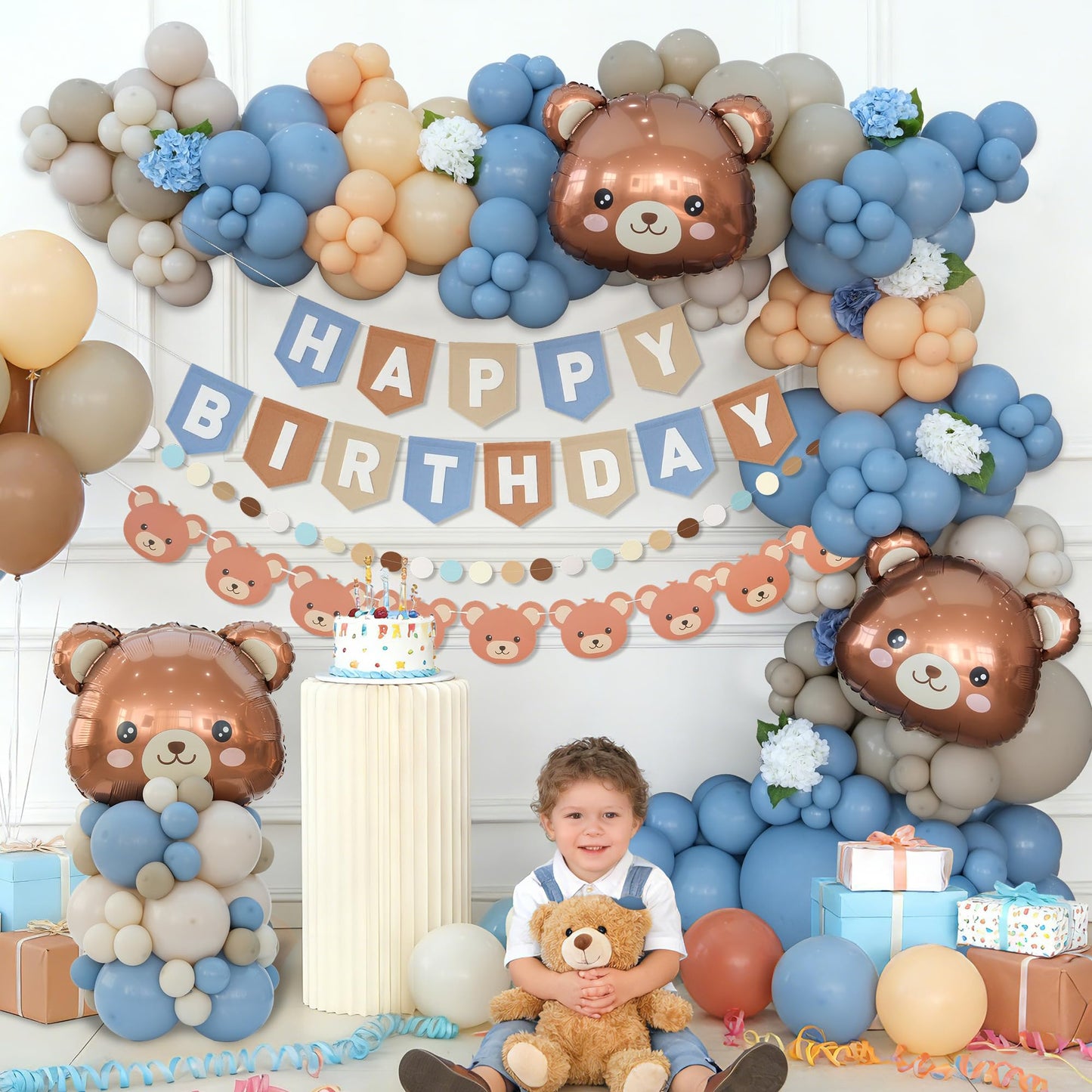 Ereniko Bear Birthday Balloon Arch Kit for Baby Boy Blue Khaki and Brown Balloons Decorations Set Happy Birthday Banner Bear Theme Decor