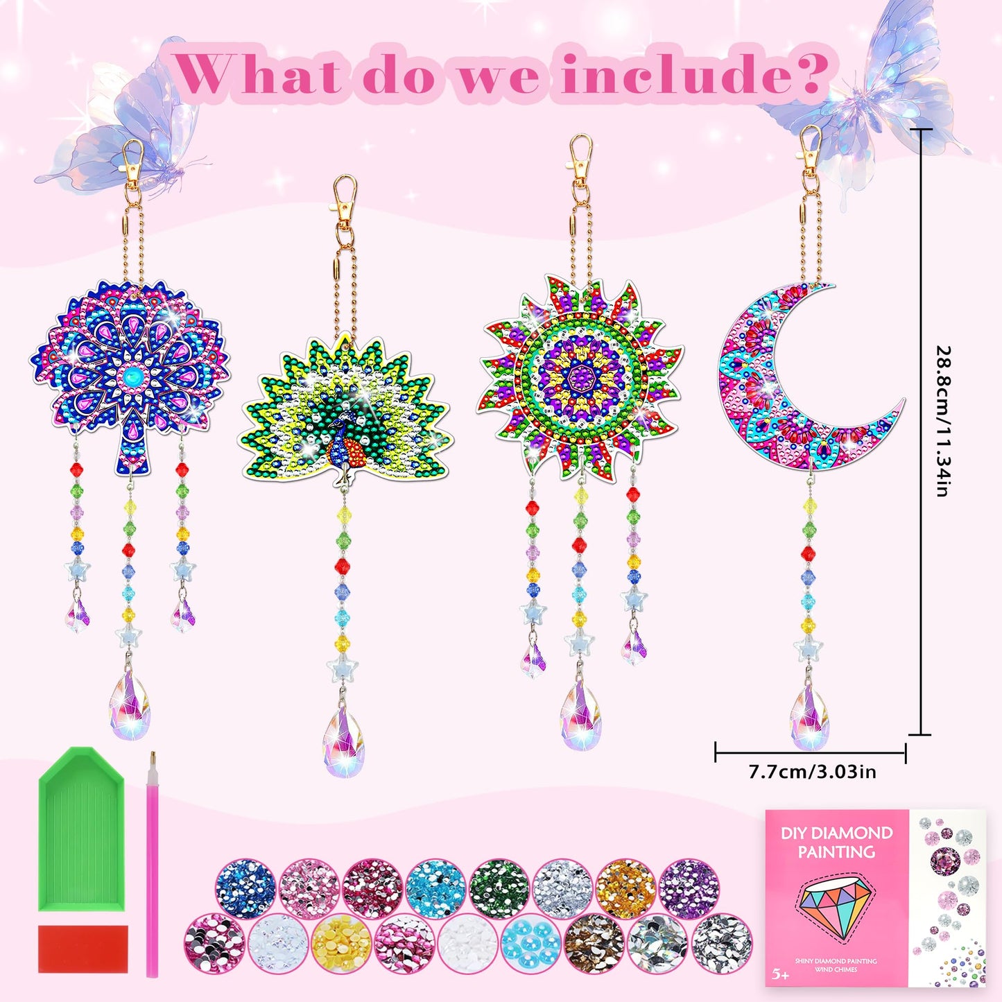 4pcs Diamond Art Kits for Kids/Adults, Arts and Crafts for Kids Ages 8-12, Birthday Gifts for 6 7 8 9 10 11 Year Old Girl, Paint by Numbers Kit for Kids Wind Chimes Gem Art Crystal Window Sun Catcher
