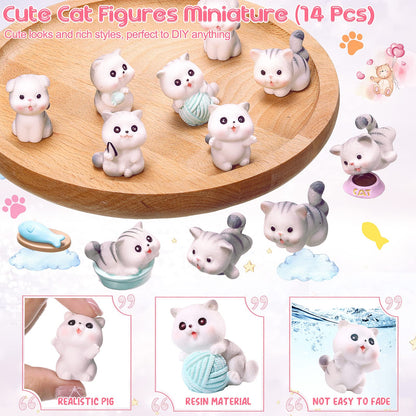 14 Pcs Cat Figurines Cute Miniature Figures Mini Cat Cake Toppers Moss Landscape Waterproof Resin Kitten Garden Miniature Terrarium Figurines for Garden Home Party Cake Decor Supplies (Gray)