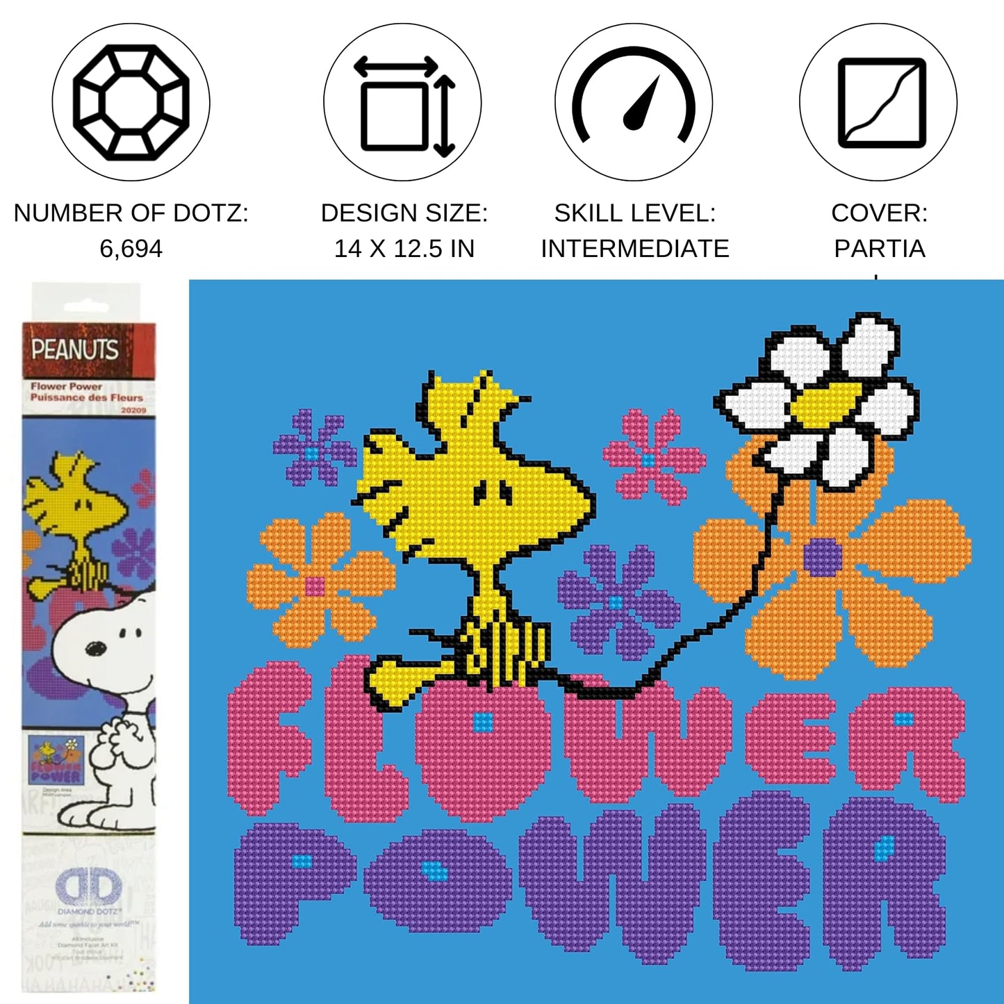 DIAMOND DOTZ Flower Power (Peanuts) Snoopy Diamond Painting Kits for Adults - Diamond Art Kits a Relaxing Creative Craft Kit with Dotz Gems 14"x 12.5"