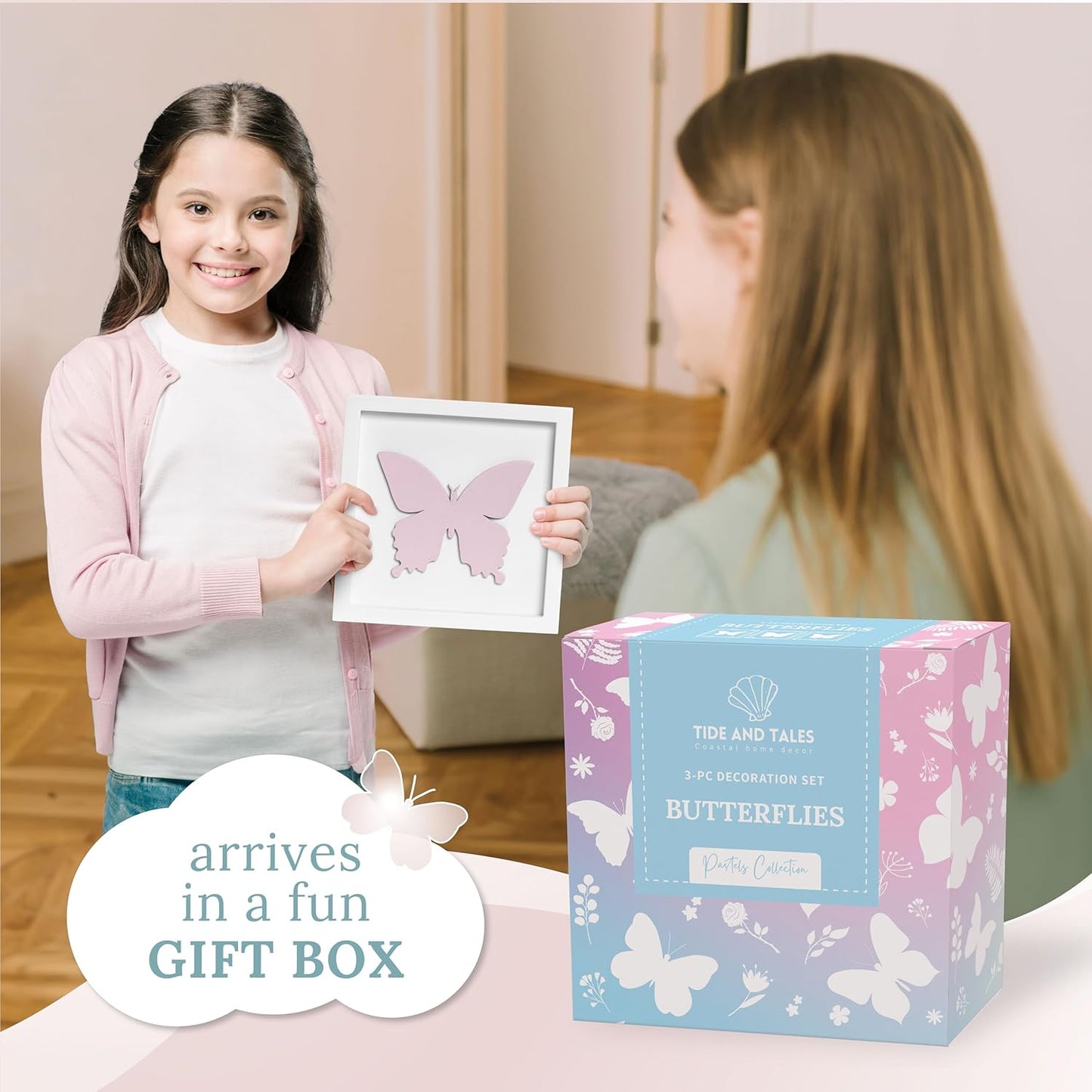 3D Set 3 (7x7) Tide and Tales Butterfly Room Decor for Girls, of Framed Wooden Wall Art for Nursery, Nature-Inspired
