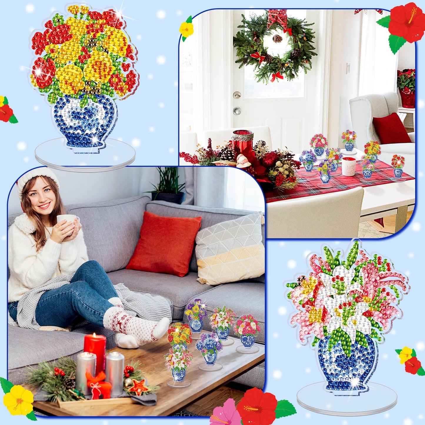 Kosiz 9 Pcs Spring Diamond Painting Tabletop Decoration, Double-sided Acrylic Chinoiserie Porcelain Diamond Art Kit for Adult, DIY 5D Rhinestone Blue White Flower Centerpiece for Table Home Desk Decor