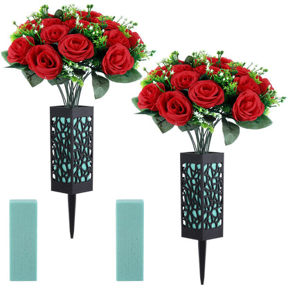 Yahenda 2 Sets Artificial Cemetery Flowers 36 Heads Rose with 2 Grave Markers Flower Holder Vase with Drainage Hole Long Spikes and 2 Floral Foam Blocks for Outdoor Memorials (Red)
