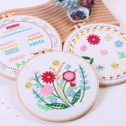 Harimau Bead Embroidery Starter Kit for Beginners (3 Sets) – Basic Flower Stitches, Includes Embroidery Hoop, Diagrams & Step-by-Step Video Tutorials – Gift for Craft Lovers