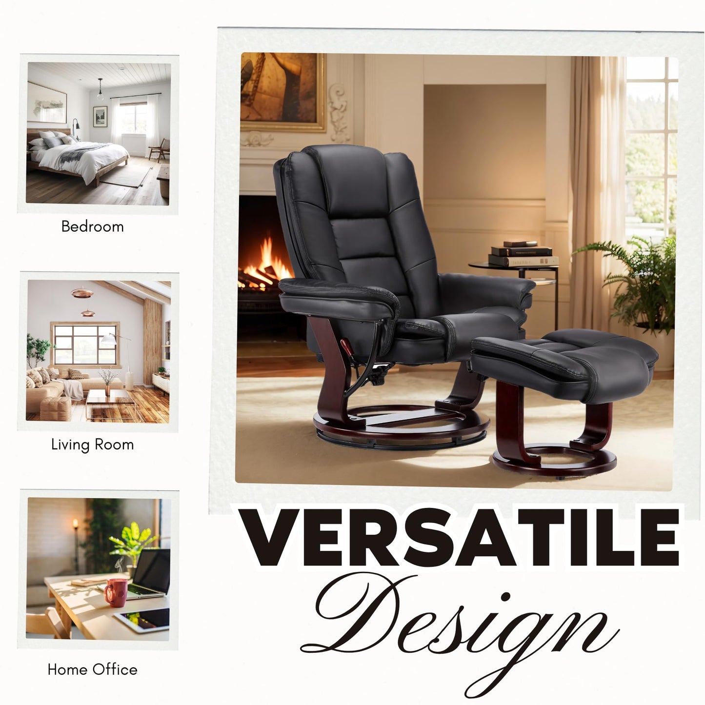 Argus Swivel Recliner with Ottoman, PU Leather & Wood Base Reclining Chair with Footrest, Ultra-Plush Double Foam for Living Room, Bedroom and Office, Set of 2