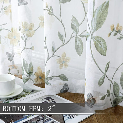 Tollpiz Short Sheer Floral Tier Curtains, Yellow Flower Butterfly Printed Kitchen Voile Curtains, Set of 2 Panels
