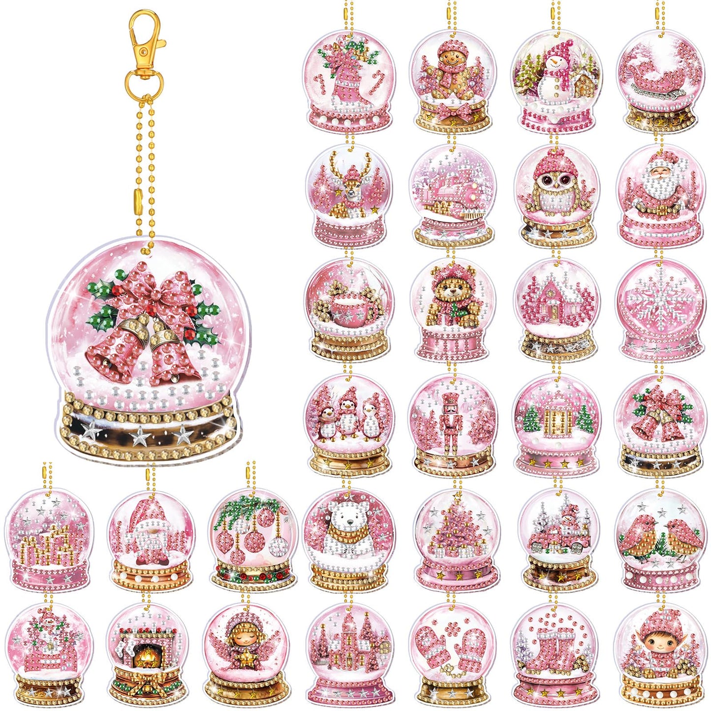 WILLBOND 30 Pcs Pink Crystal Ball Diamond Art Kits for Adults Pink Snowflake Gnome Diamond Painting Ornaments DIY Double Sided Keychain Kits Christmas Winter Key Ring Art Pendant Xmas Tree Decor