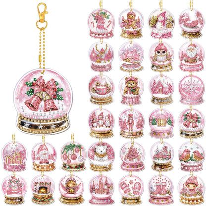 WILLBOND 30 Pcs Pink Crystal Ball Diamond Art Kits for Adults Pink Snowflake Gnome Diamond Painting Ornaments DIY Double Sided Keychain Kits Christmas Winter Key Ring Art Pendant Xmas Tree Decor