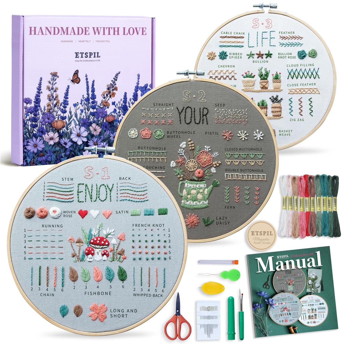ETSPIL Embroidery Kit for Beginners, Magnetic Needle Minder & 4K Video Tutorials, Pre-Printed Floral Patterns, Bound Guide, Relaxing Screen-Free Craft for Women at Home