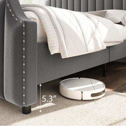 GarveeHome King Size Platform Bed Frame with 50.2 in Headboard, Velvet Upholstered Bed Frame with Vertical Channel Tufted Headboard & Footboard, Nailhead Trim, No Box Spring Needed, Grey