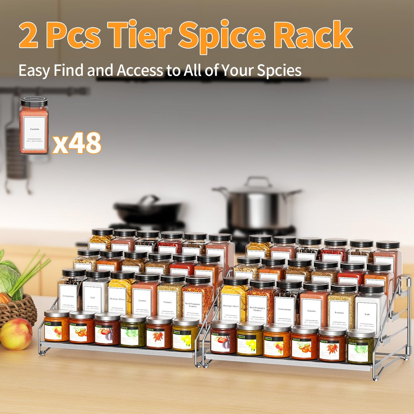 4 Tier Spice Rack for Cabinet, Spice Rack Organizer, Depth Adjustable Spice Holder for Countertop, Cupboard, Pantry, Seasoning Shelf, Metal, Black (1 Pack)