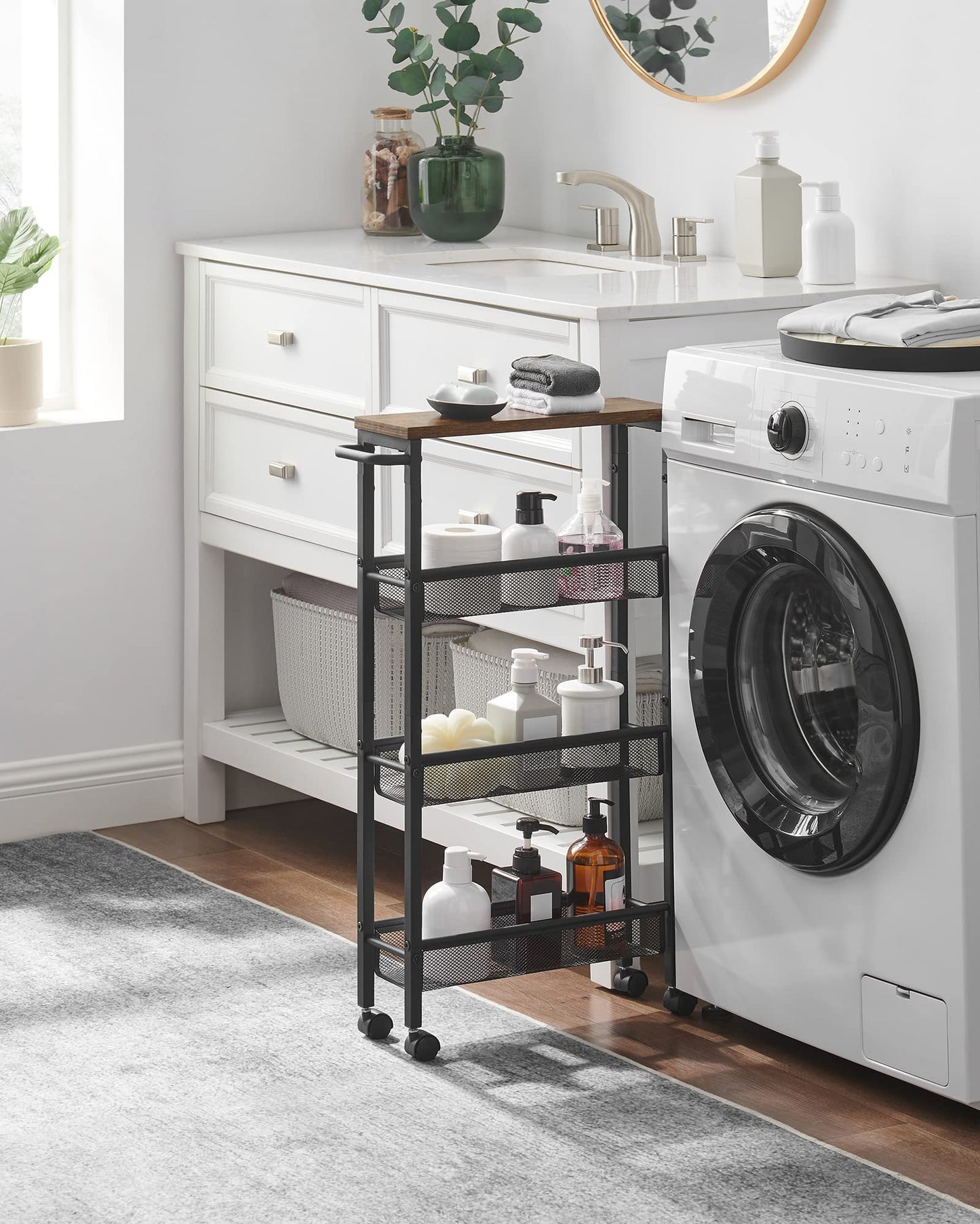 VASAGLE Slim Rolling Cart, 4-Tier Narrow Storage Cart with Handle, 5.1 Inches Deep, Metal Frame, for Kitchen, Dining Room, Living Room, Home Office, Rustic Brown and Classic Black ULRC032B01V1