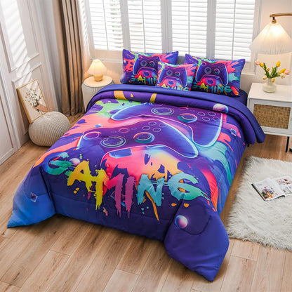 Aimuan Gaming Comforter Sets for Boys Kids Bedding Sets, Video Games Console Action Buttons, Twin 6 Pcs, Purple