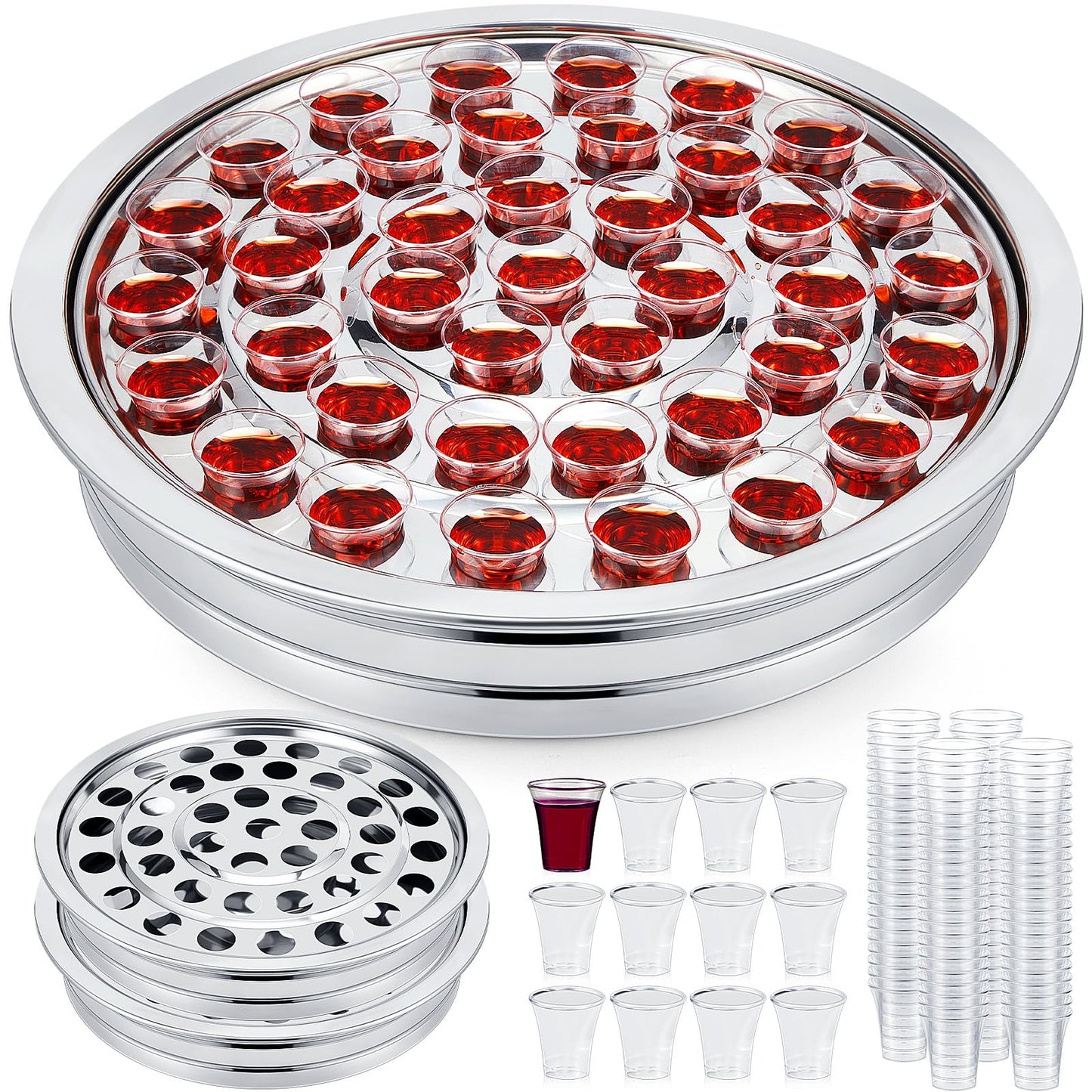 Zhehao 2 Pcs Communion Trays with Disposable Chalices for Church Supplies, Each 40 Holes Communion Supplies Set Stackable Worship Trays for Church Services Weddings & Gatherings (Silver)