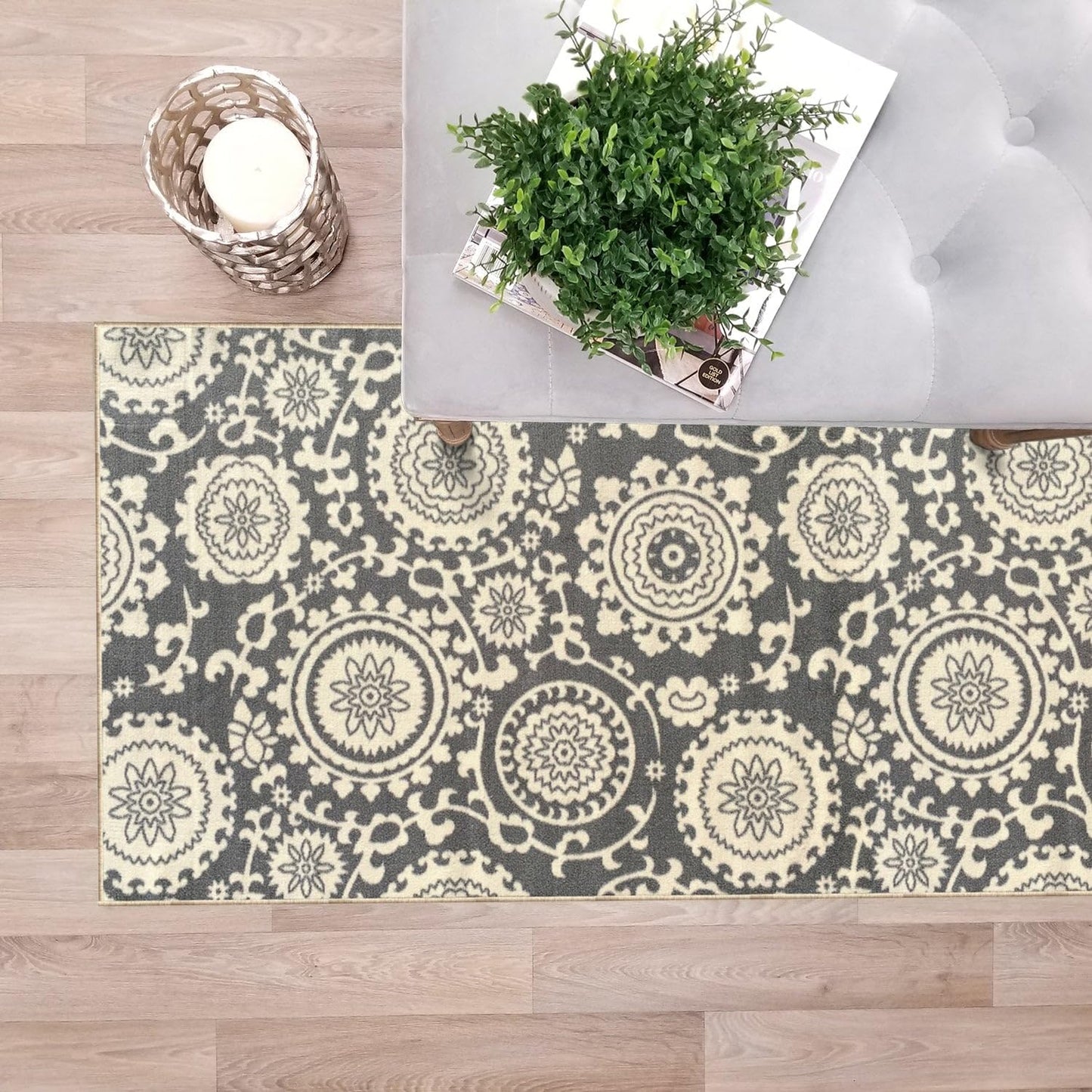 Custom Size Grey Floral Medallion Rubber Backed Non-Slip Hallway Stair Runner Rug, 22 inch Wide