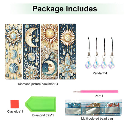 Focart 4 Pack Diamond Painting Bookmark Kits of Sun and Moon, Special Shaped Diamond Art Bookmarks with Pendant, DIY Handmade Crafts Home Office Supplies Reading Bookmark for Book Lovers