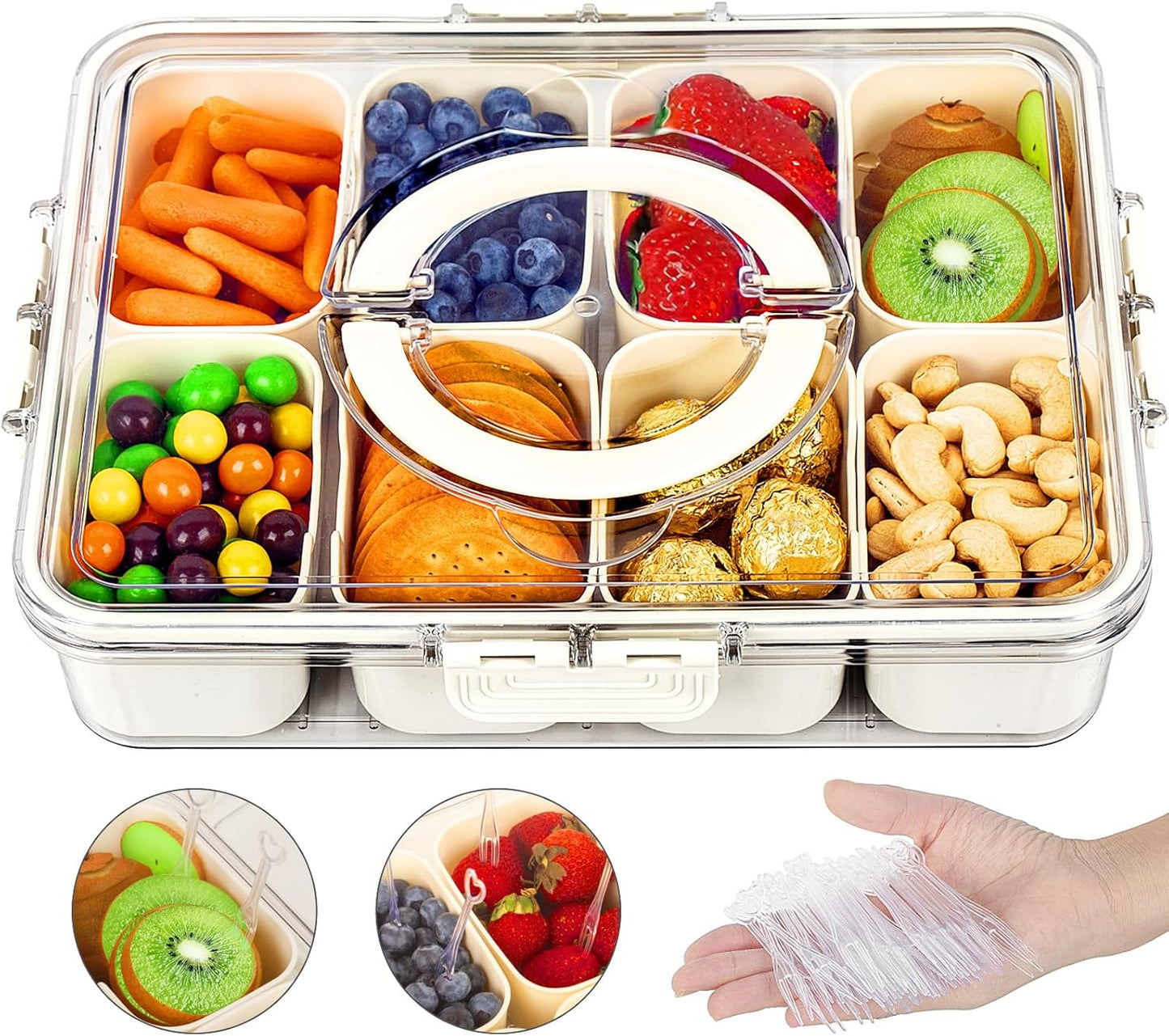 Divided Serving Tray with Lid and Handle, Snackle Box Charcuterie Container, Clear Organizer for Fruits, Nuts, Candy