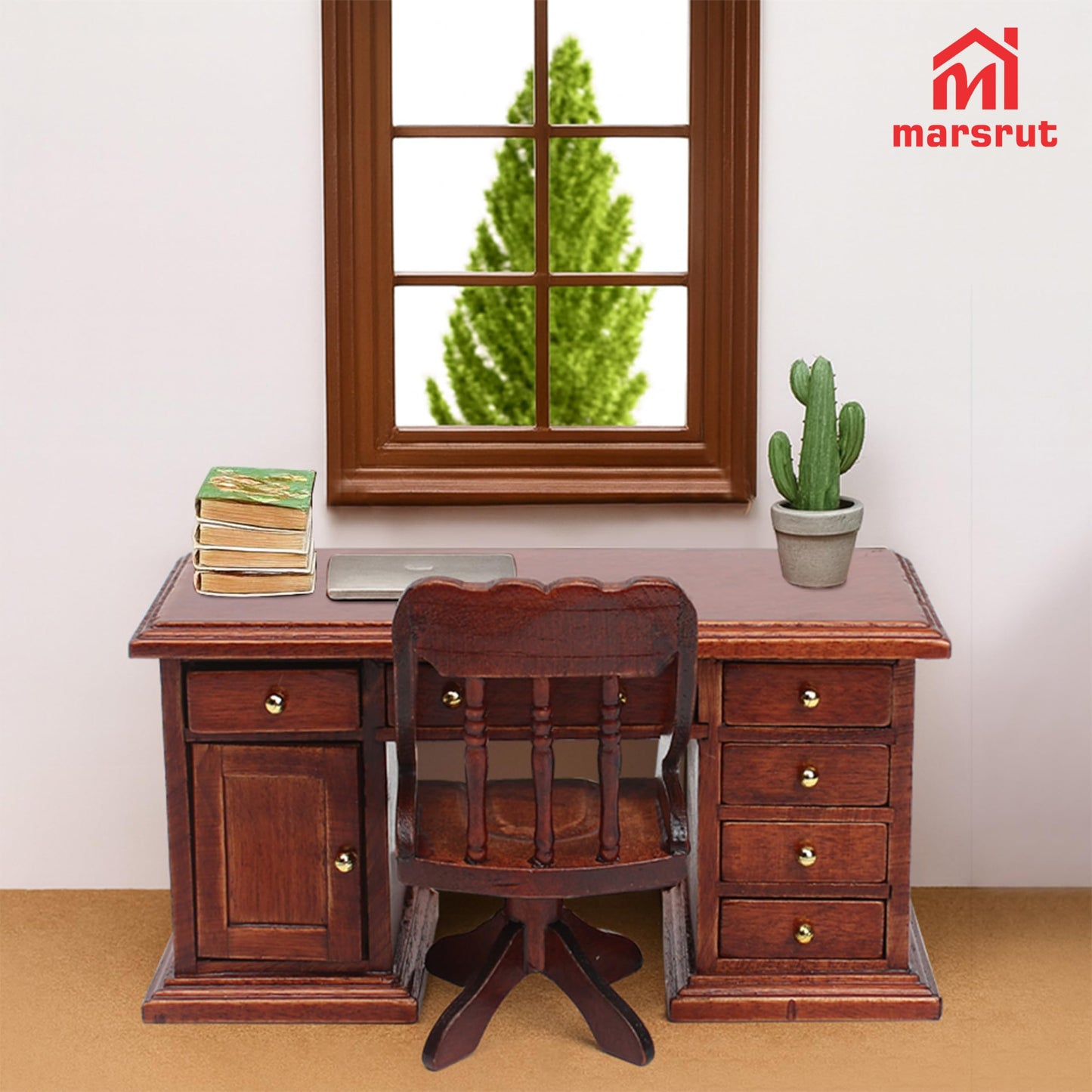 1/12 Scale Wooden Dollhouse Desk and Chair Set, Miniature Office Furniture, Computer Table Accessory, Retro Writing Simulation Doll House Accessories for Photo Props Scene