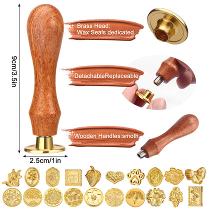 Draupnir Wax Seal Stamp Kit, 21pcs Vintage Classic Sealing Wax Stamp Heads with Wooden Handle, Gold, Ideal for Wedding, Party Invitations, Gift Wrapping