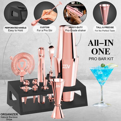 IOV Cocktail Shaker Set: 12-Piece Mixology Bartender Kit Bar Set | 16oz & 28oz Boston Shaker Drink Mixing Tools for Home with Recipe Booklet and Stand | Fun Housewarming Gift (Rose Gold)