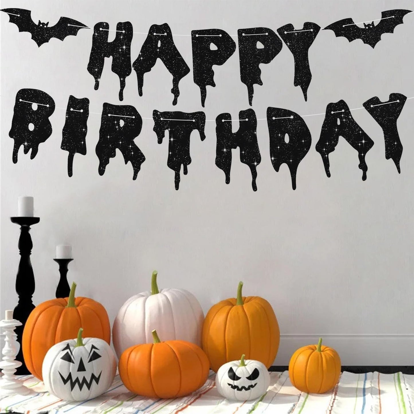 RICHHHA Glitter Black Glitter Happy Birthday Halloween Banner- NO DIY - Halloween Hanging Paper Garland Bunting Banner Decorations, Party Supplies for Kids Boy Girl Birthday