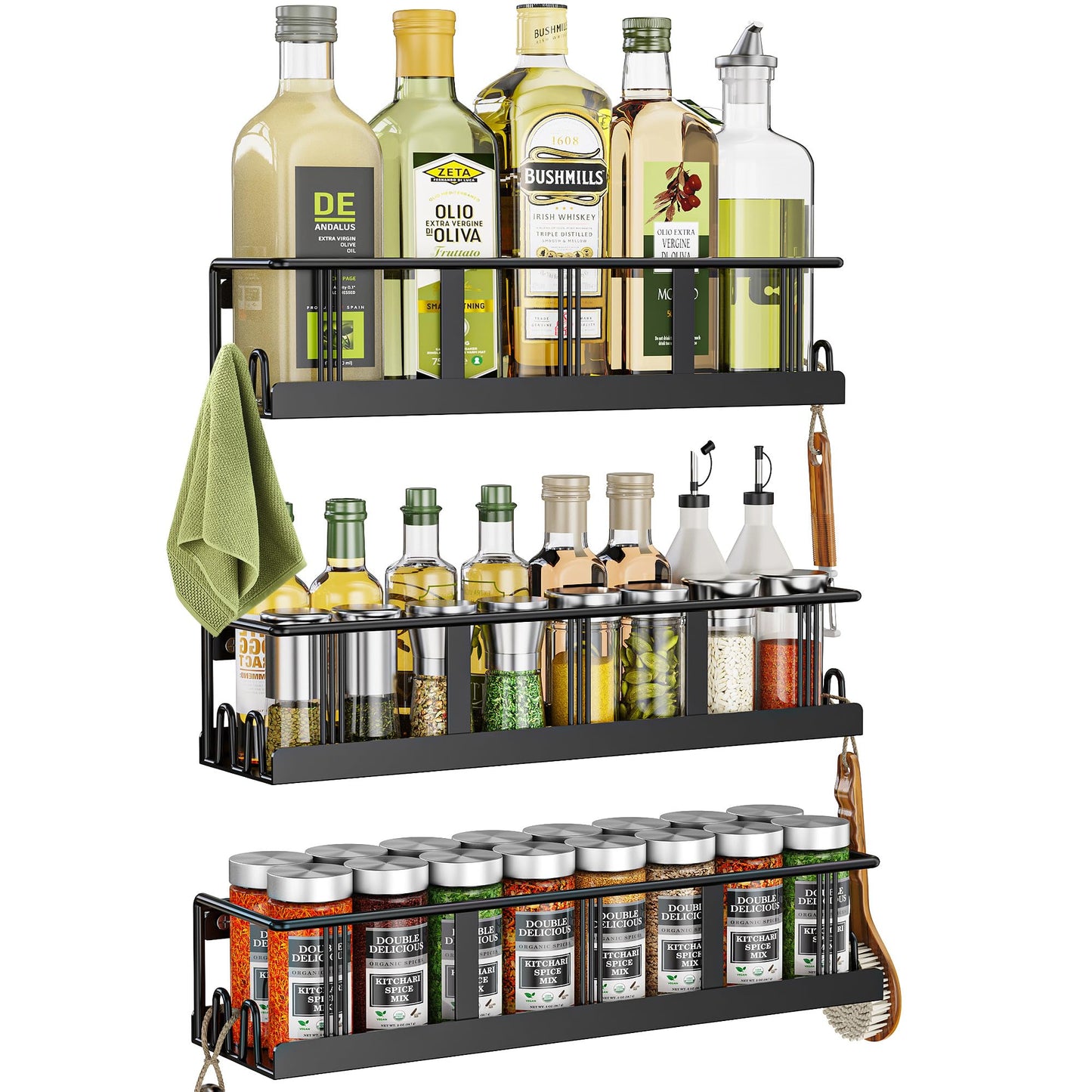 Spice Rack Wall Mounted 3 Pack, Space-Saving Spice Organizer for Spice Jars and Seasonings,Screw or Adhesive Hanging Spice Rack Organizer for Your Kitchen Cabinet,or Pantry Door
