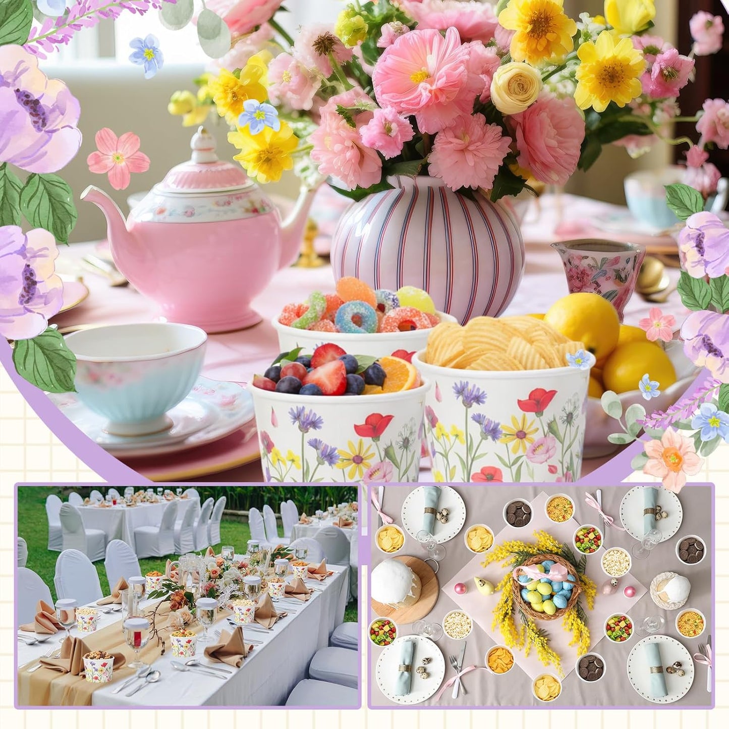 Hsei 60 16oz Pcs Floral Disposable Soup Bowls Ice Cream Cups Flowers Snack Paper Bowls Wildflower Dessert Sundae Yogurt