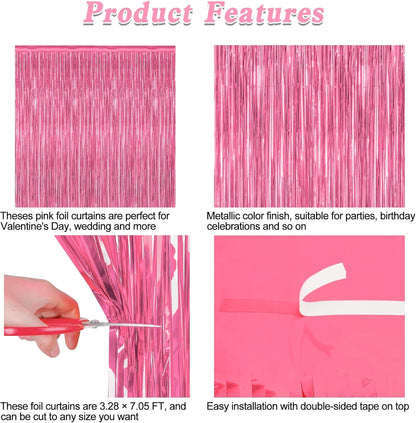Skiennix Pink Backdrop - 8 Pack Metallic Foil Curtains for Birthday & Valentine's Day | 3.28 FT x 7.05 FT