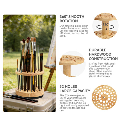 360 Rotating Paint Brush Holder | 52 Holes Hardwood Organizer for Artists Brushes | Desktop Storage Stand for Art Supplies | Craft Tools, Makeup Brush and Calligraphy Pens Rack | Natural Wood Display