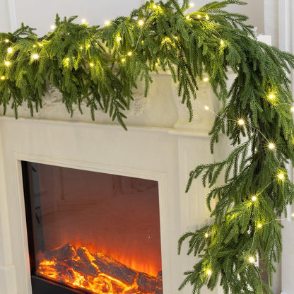 MISSPIN 9ft Christmas Garland with LED Lights, Real Touch Norfolk Pine Garland, Green Artificial Greenery Garland for Table, Mantle, String Light, Wall, Indoor, Outdoor Christmas Decorations
