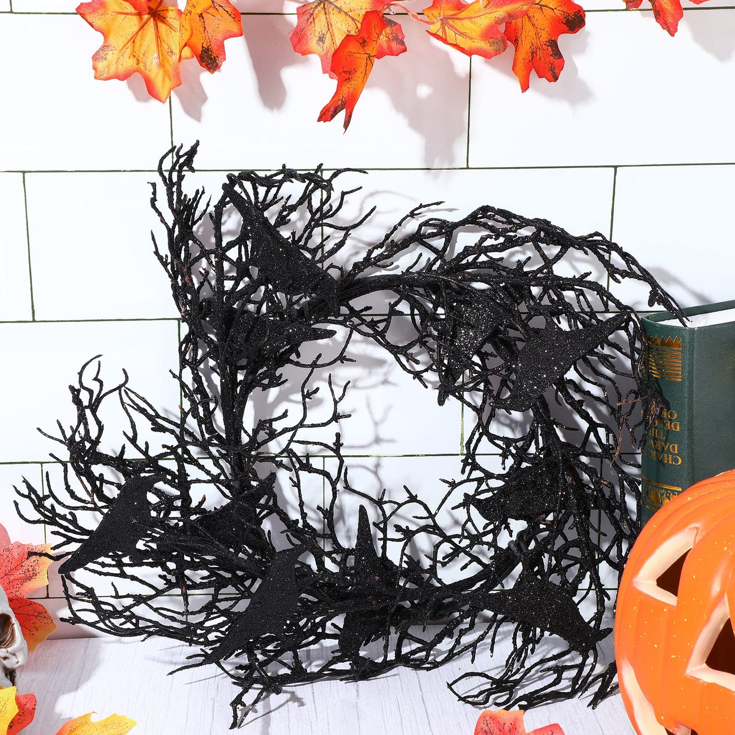 Cindeer 14 Inches Black Halloween Crow Wreath with Glitter Crow Decorations