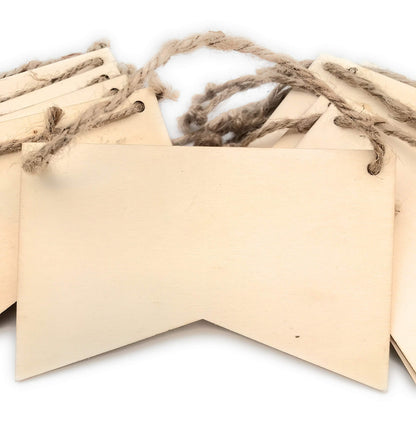 Oojami 50-Pack Unfinished Wood Banner Flags with Twine – Natural Wooden Pennant Ornaments for Crafts, Painting, Wood Burning, and Laser Engraving – Custom Blank Garland Kit for Party & Event Decor